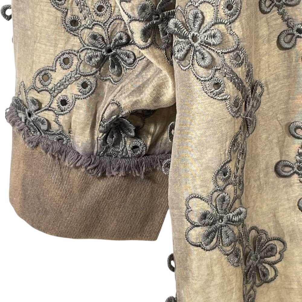 POL Mixed Media Mesh Pearl Embellished Lace Button Down Top M Boho - Picture 7 of 14